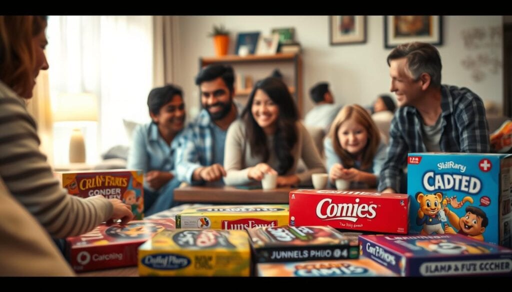 A cozy family game night with loved ones, a warm and inviting scene. In the foreground, a diverse group of family members gathered around a low table, engaged in a board game, expressions of laughter and concentration. The middle ground showcases an assortment of classic family games, their bright, inviting packaging suggesting endless hours of shared entertainment. In the background, a comfortable, well-lit living room, with plush furniture and personal mementos, creating a sense of home and togetherness. Soft, diffused lighting casts a gentle glow, enhancing the intimate, nostalgic mood. The overall composition conveys the timeless appeal of family games, their power to bring people together and create cherished memories. A cozy family game night with loved ones, a warm and inviting scene. In the foreground, a diverse group of family members gathered around a low table, engaged in a board game, expressions of laughter and concentration. The middle ground showcases an assortment of classic family games, their bright, inviting packaging suggesting endless hours of shared entertainment. In the background, a comfortable, well-lit living room, with plush furniture and personal mementos, creating a sense of home and togetherness. Soft, diffused lighting casts a gentle glow, enhancing the intimate, nostalgic mood. The overall composition conveys the timeless appeal of family games, their power to bring people together and create cherished memories.