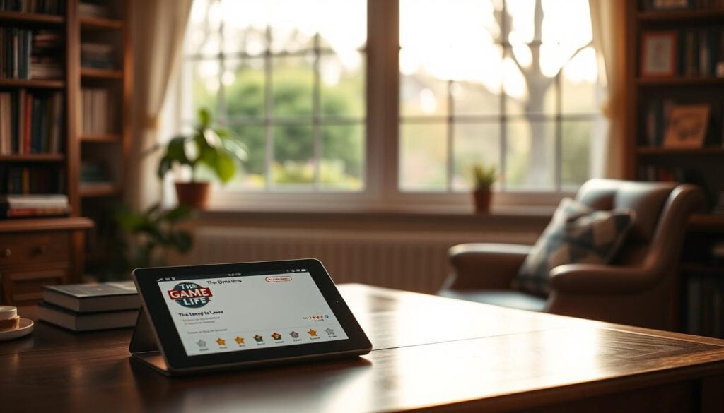 A cozy, well-lit home office with a wooden desk, a comfortable chair, and shelves filled with books and board game boxes. On the desk, a tablet displays reviews and ratings for A cozy, well-lit home office with a wooden desk, a comfortable chair, and shelves filled with books and board game boxes. On the desk, a tablet displays reviews and ratings for