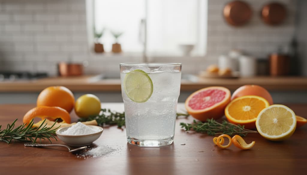 Zutaten und Glas Tonic Water Zutaten und Glas Tonic Water