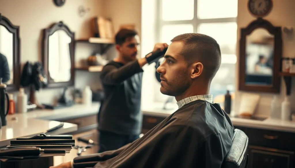 Vorbereitung für den Buzzcut beim Friseur Vorbereitung für den Buzzcut beim Friseur