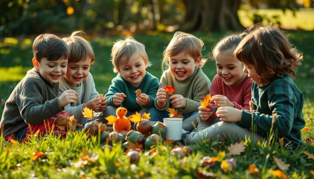 Kinder basteln gemeinsam Kastanientiere