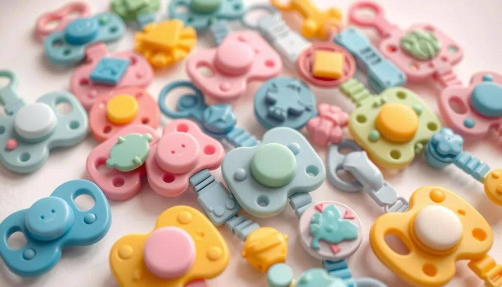 Farbige Schnullerclips mit verschiedenen Motiven Farbige Schnullerclips mit verschiedenen Motiven